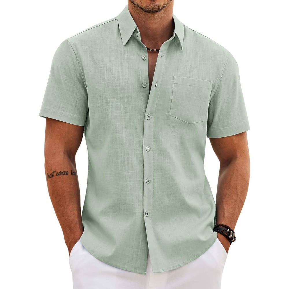 image:imageCOOFANDY Mens Button Down Short Sleeve Shirt Casual Cotton Summer Beach Wedding Linen Shirts with PocketLight Green