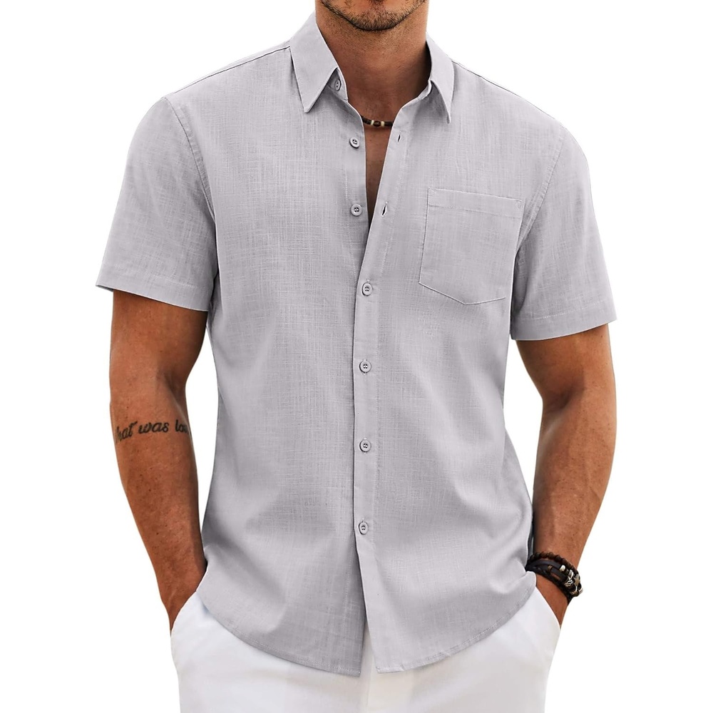 image:imageCOOFANDY Mens Button Down Short Sleeve Shirt Casual Cotton Summer Beach Wedding Linen Shirts with PocketLight Grey