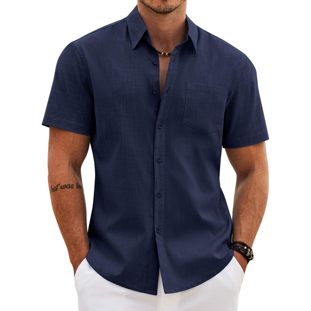 image:imageCOOFANDY Mens Button Down Short Sleeve Shirt Casual Cotton Summer Beach Wedding Linen Shirts with PocketNavy Blue