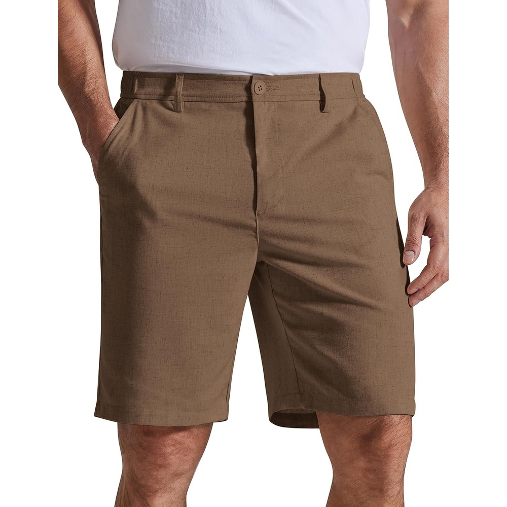 image:imageCOOFANDY Mens Casual Shorts 9 Flat Front Elastic Waist Linen Dress Shorts Lightweight Summer Outfits with PocketsBrown