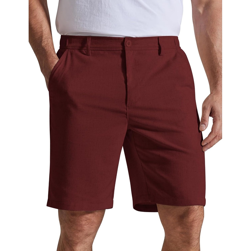 image:imageCOOFANDY Mens Casual Shorts 9 Flat Front Elastic Waist Linen Dress Shorts Lightweight Summer Outfits with PocketsMaroon