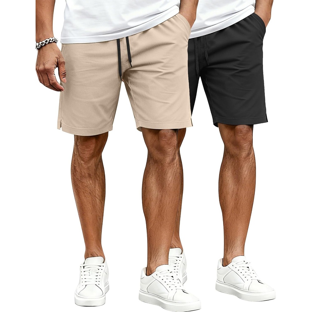 image:imageCOOFANDY Mens Casual Shorts Cotton Drawstring Elastic Waist Lightweight 9 Chino Golf Shorts Summer Beach ShortsZ 2 Packlight KhakiBlack