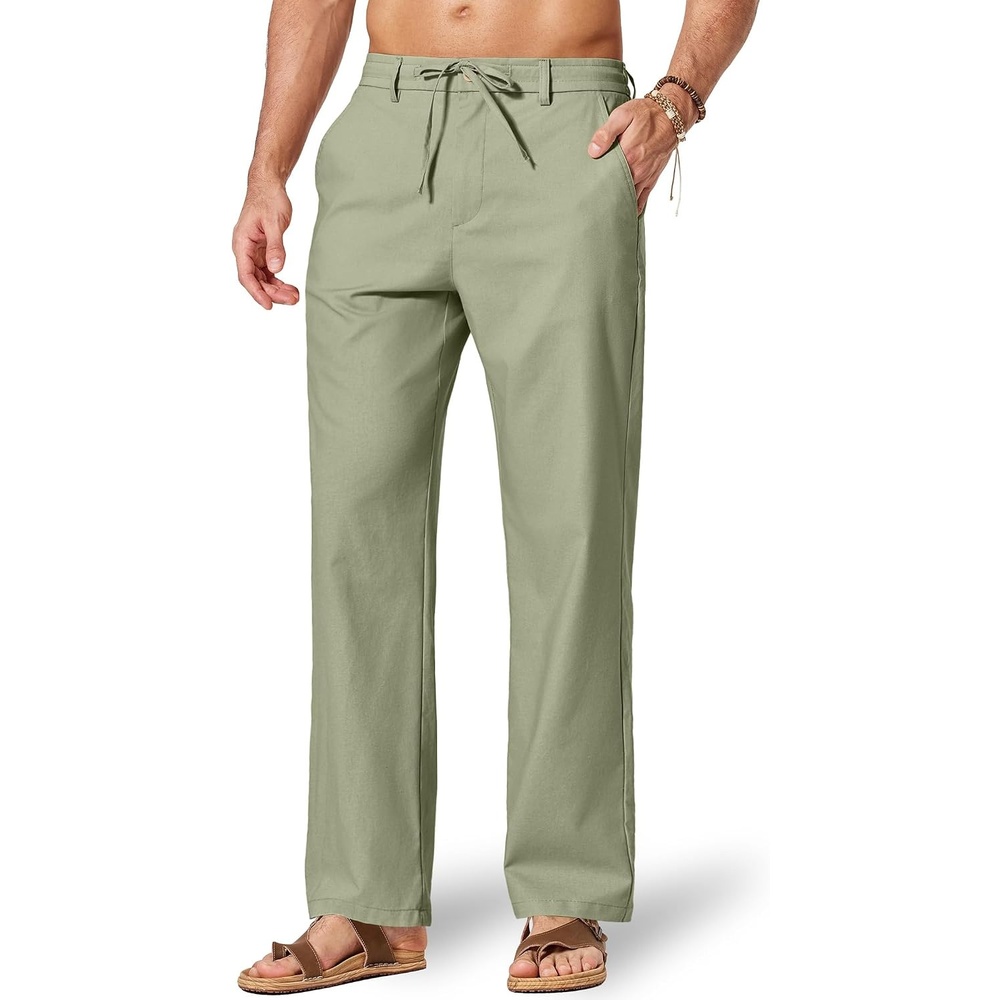 image:imageCOOFANDY Mens Cotton Linen Pants Relaxed Fit Casual Drawstring Dress Pants Beach Summer Lightweight TrousersArtichoke Green