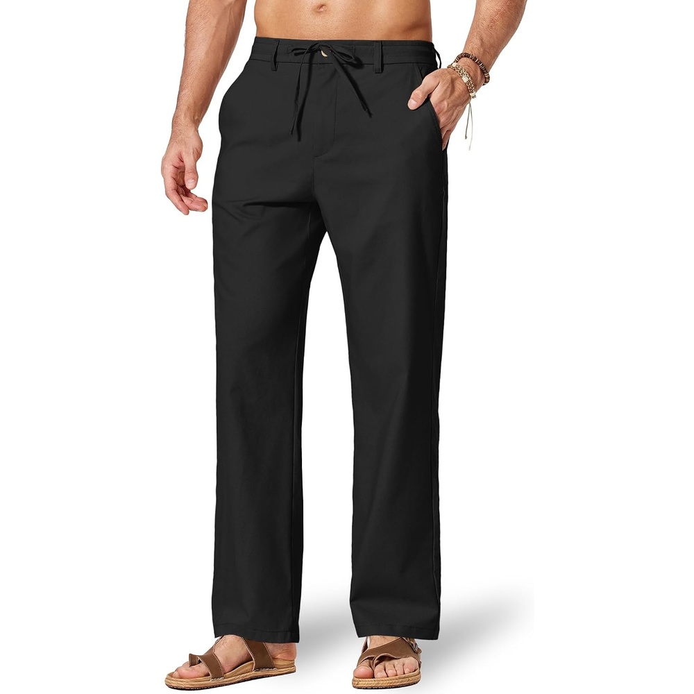 image:imageCOOFANDY Mens Cotton Linen Pants Relaxed Fit Casual Drawstring Dress Pants Beach Summer Lightweight TrousersBlack