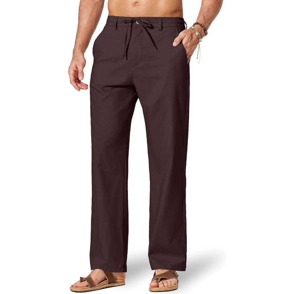 image:imageCOOFANDY Mens Cotton Linen Pants Relaxed Fit Casual Drawstring Dress Pants Beach Summer Lightweight TrousersCoffee