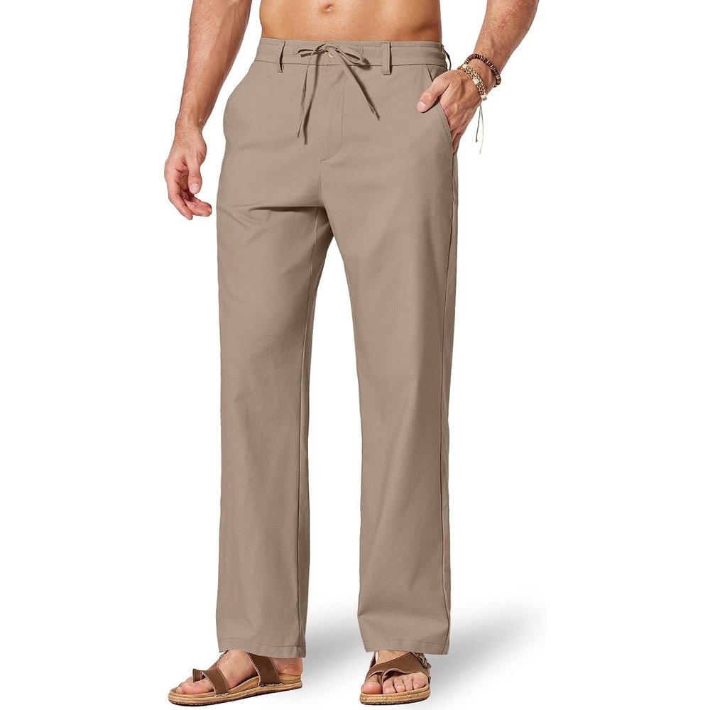 image:imageCOOFANDY Mens Cotton Linen Pants Relaxed Fit Casual Drawstring Dress Pants Beach Summer Lightweight TrousersDark Khaki