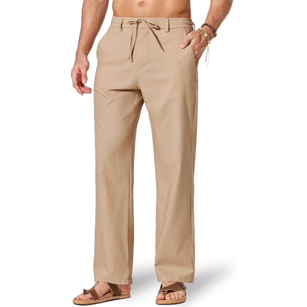 image:imageCOOFANDY Mens Cotton Linen Pants Relaxed Fit Casual Drawstring Dress Pants Beach Summer Lightweight TrousersKhaki