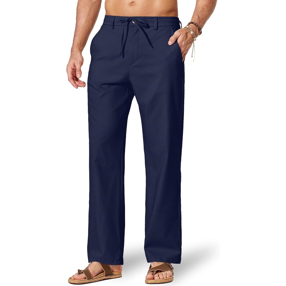 image:imageCOOFANDY Mens Cotton Linen Pants Relaxed Fit Casual Drawstring Dress Pants Beach Summer Lightweight TrousersNavy Blue