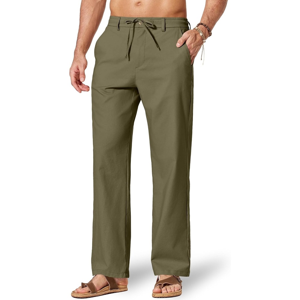 image:imageCOOFANDY Mens Cotton Linen Pants Relaxed Fit Casual Drawstring Dress Pants Beach Summer Lightweight TrousersOlive Green