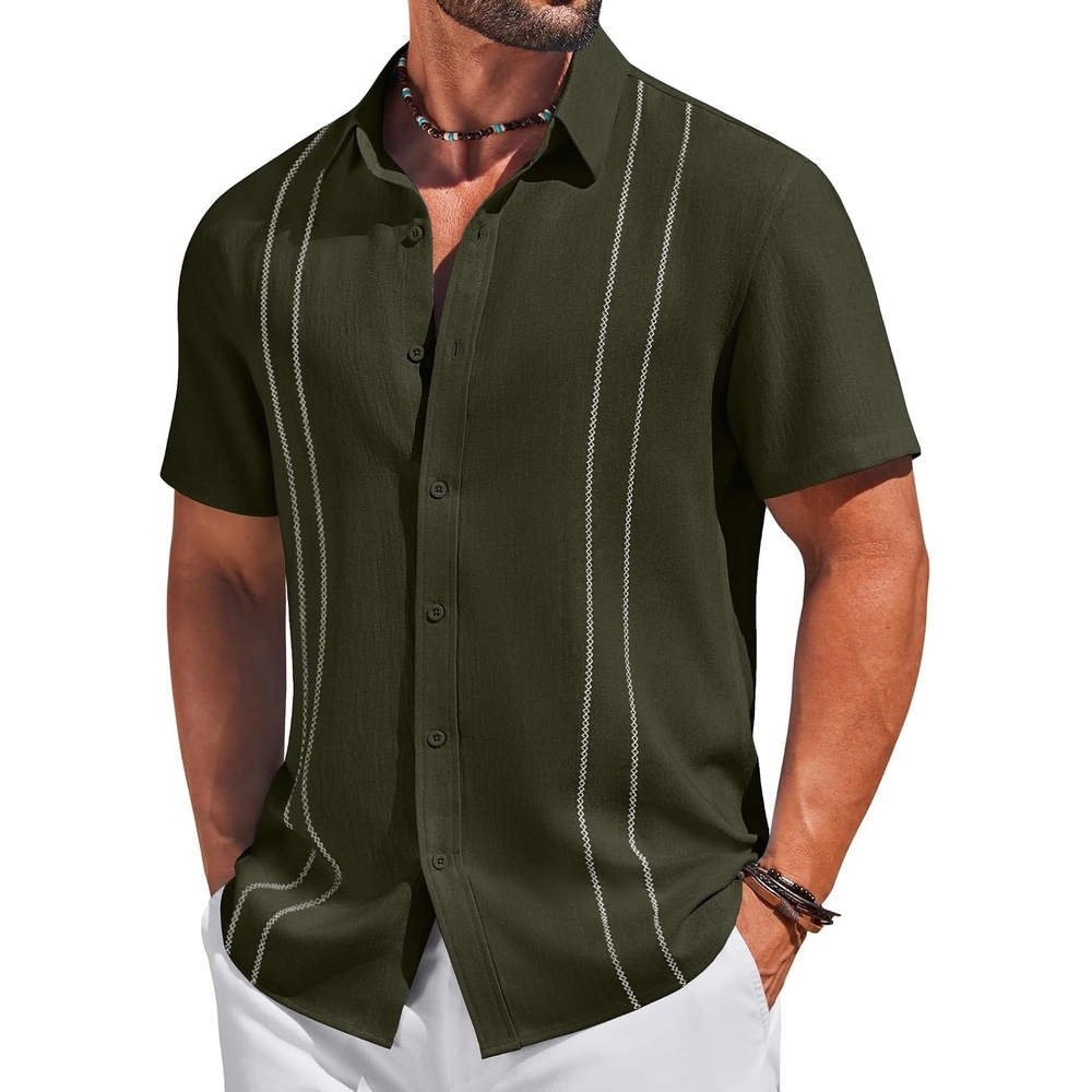 image:imageCOOFANDY Mens Cuban Guayabera Shirts Button Down Short Sleeve Shirt Casual Linen Summer Beach ShirtsArmy Green