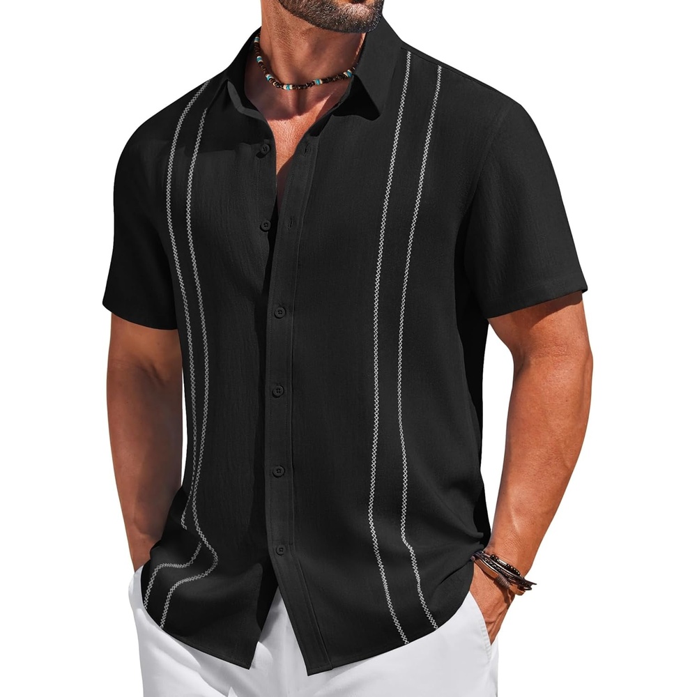 image:imageCOOFANDY Mens Cuban Guayabera Shirts Button Down Short Sleeve Shirt Casual Linen Summer Beach ShirtsBlack