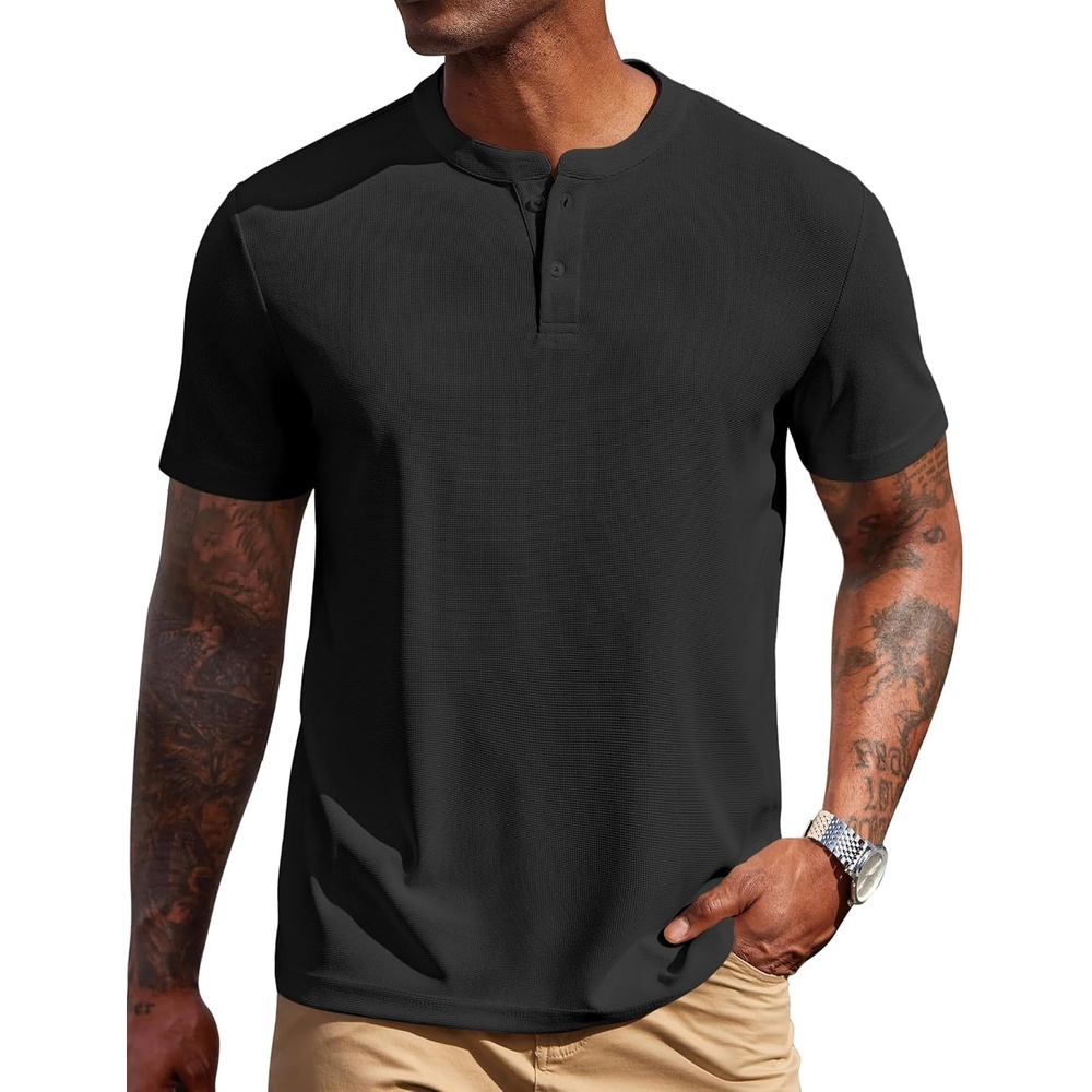 image:imageCOOFANDY Mens Henley Shirts Short Sleeve Texture Casual Button Henley Summer Classic Basic Tee Shirts01black