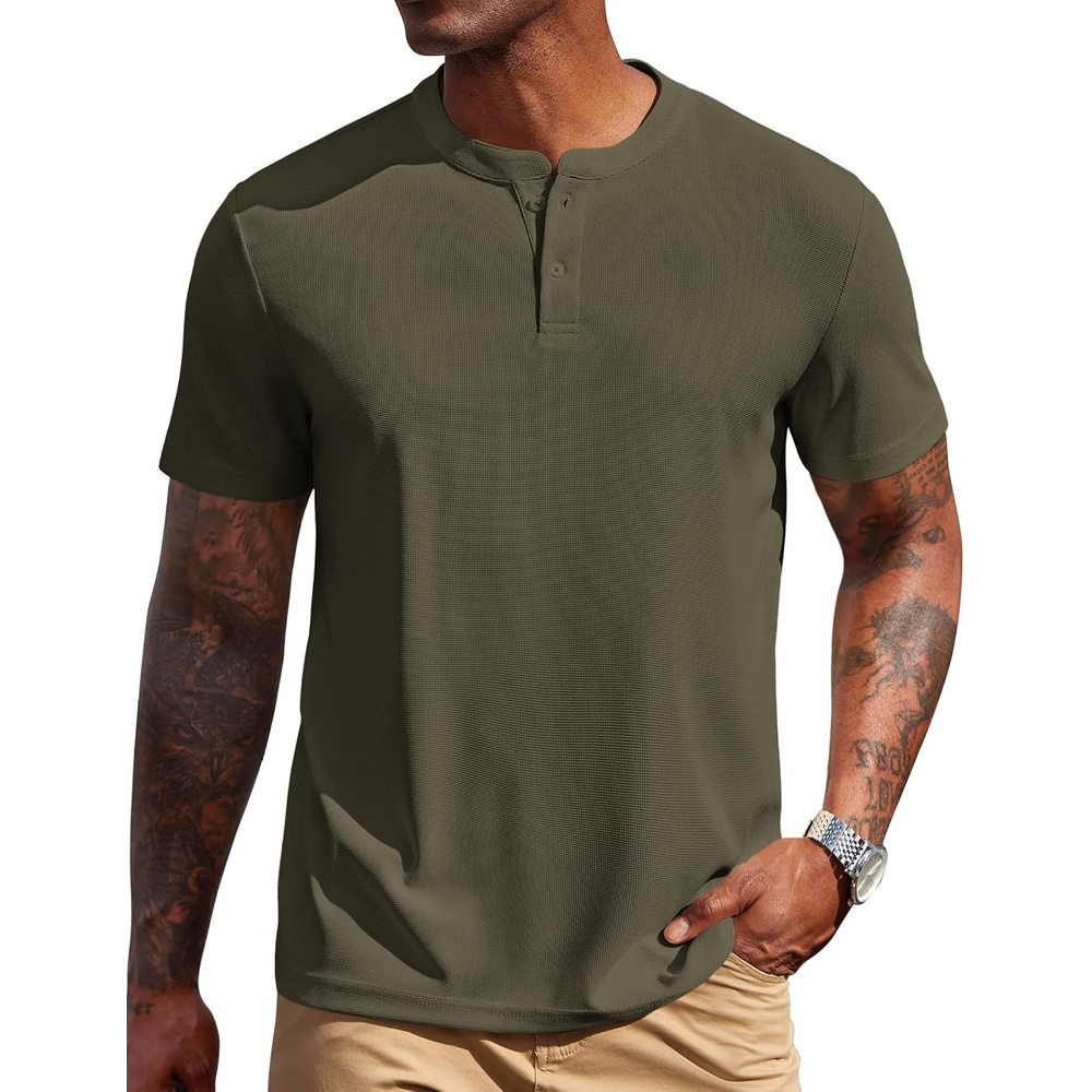 image:imageCOOFANDY Mens Henley Shirts Short Sleeve Texture Casual Button Henley Summer Classic Basic Tee ShirtsArmy Green