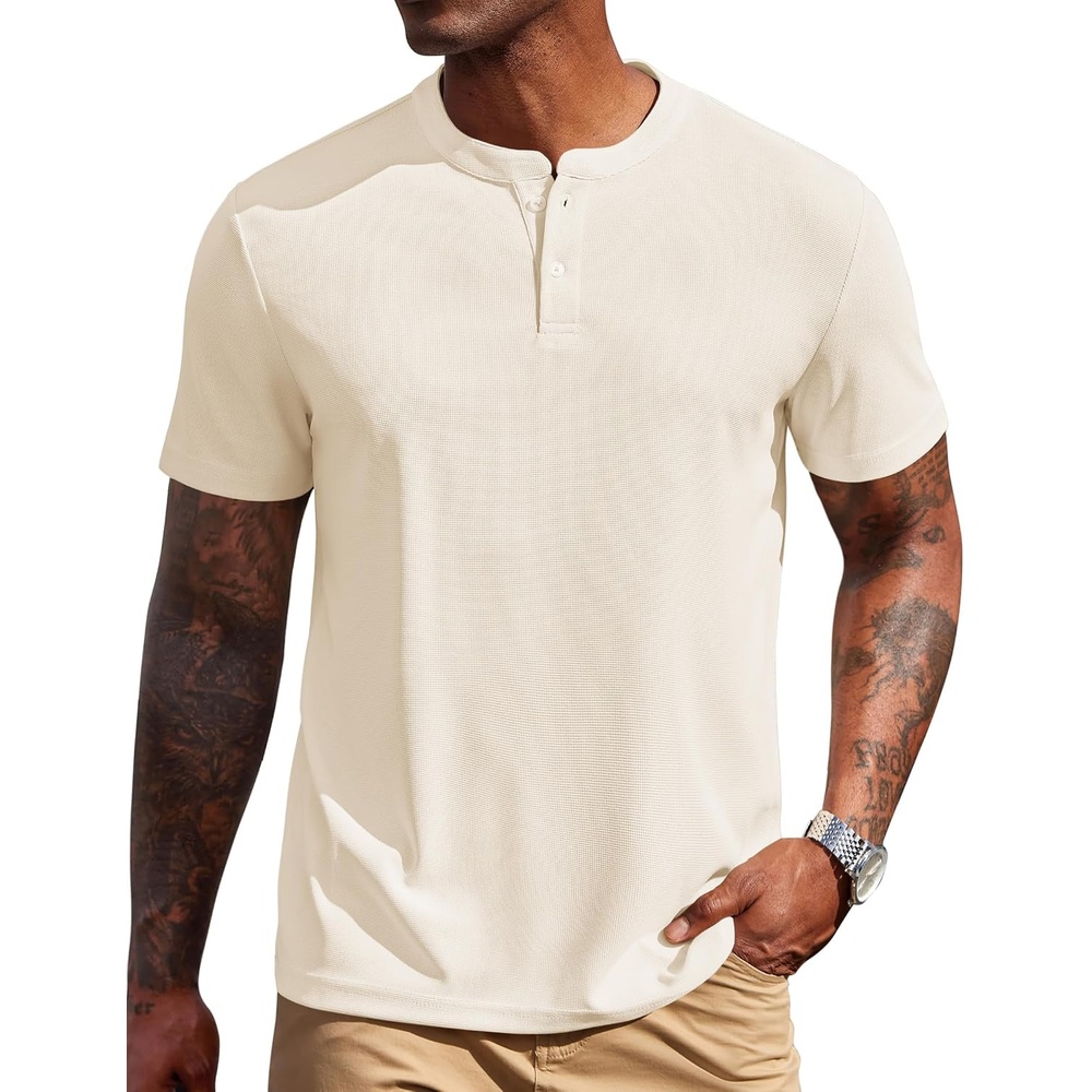 image:imageCOOFANDY Mens Henley Shirts Short Sleeve Texture Casual Button Henley Summer Classic Basic Tee ShirtsBeige