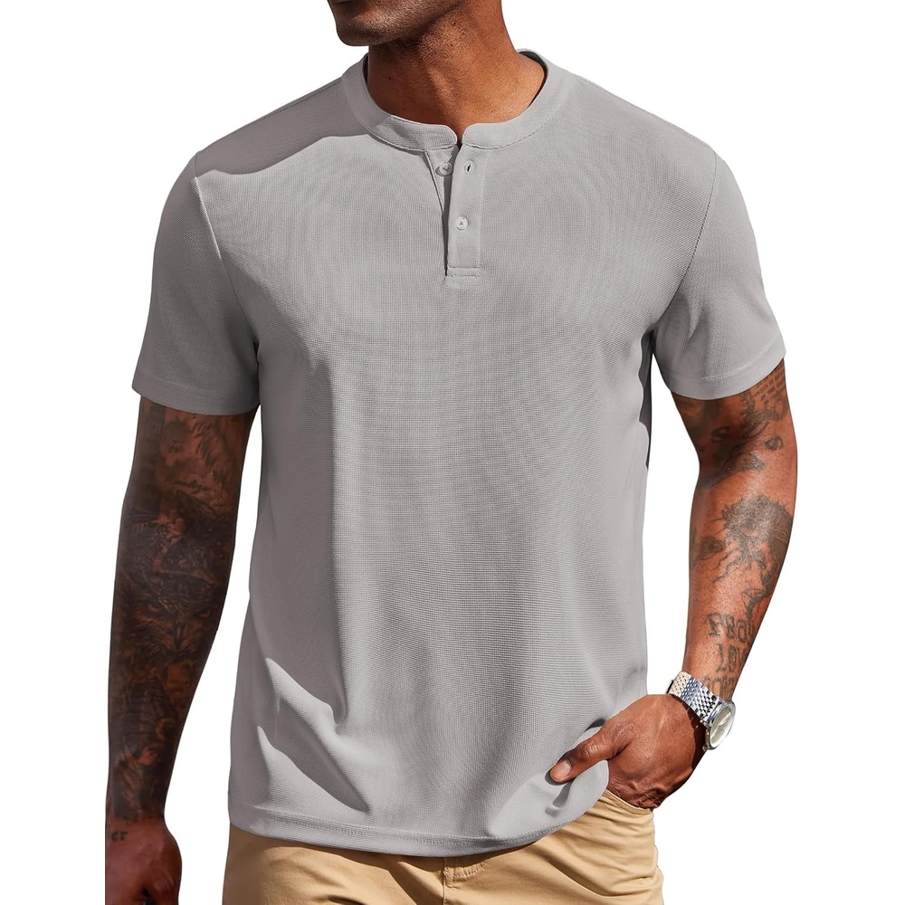 image:imageCOOFANDY Mens Henley Shirts Short Sleeve Texture Casual Button Henley Summer Classic Basic Tee ShirtsLight Grey