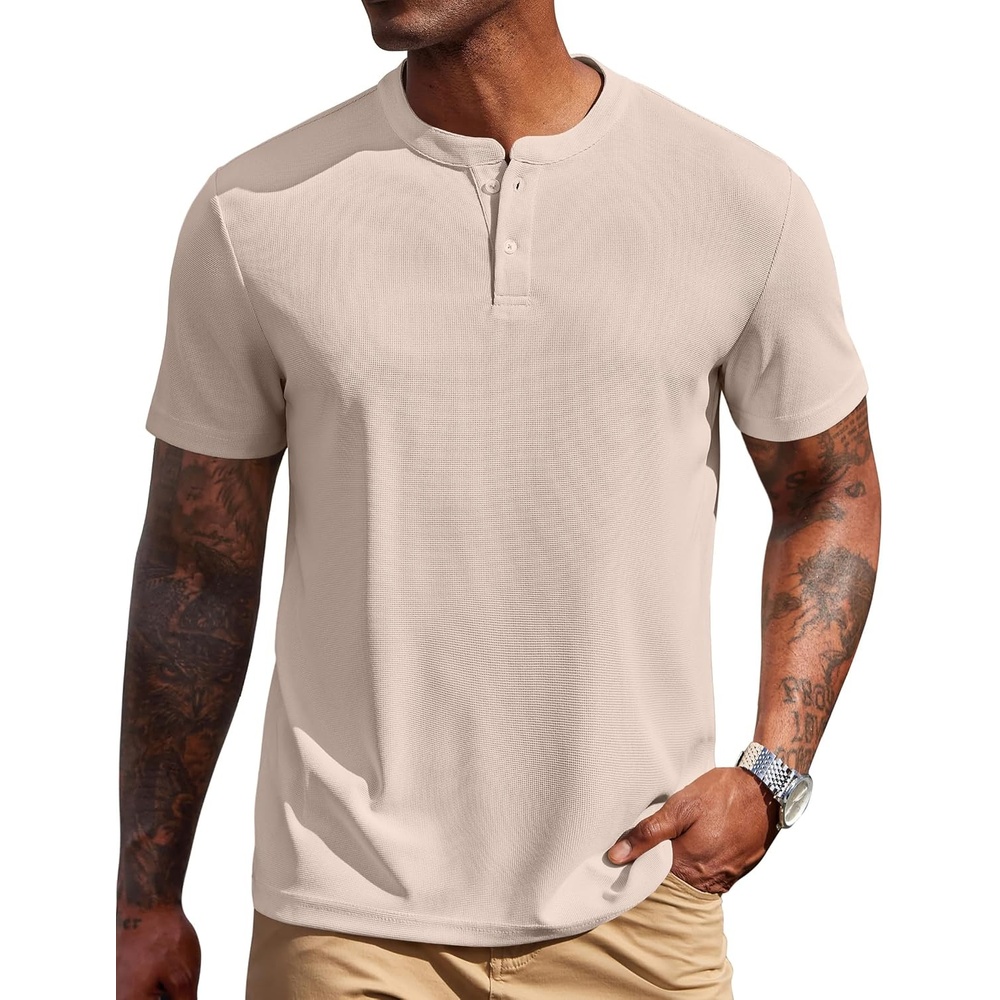image:imageCOOFANDY Mens Henley Shirts Short Sleeve Texture Casual Button Henley Summer Classic Basic Tee ShirtsLight Khaki