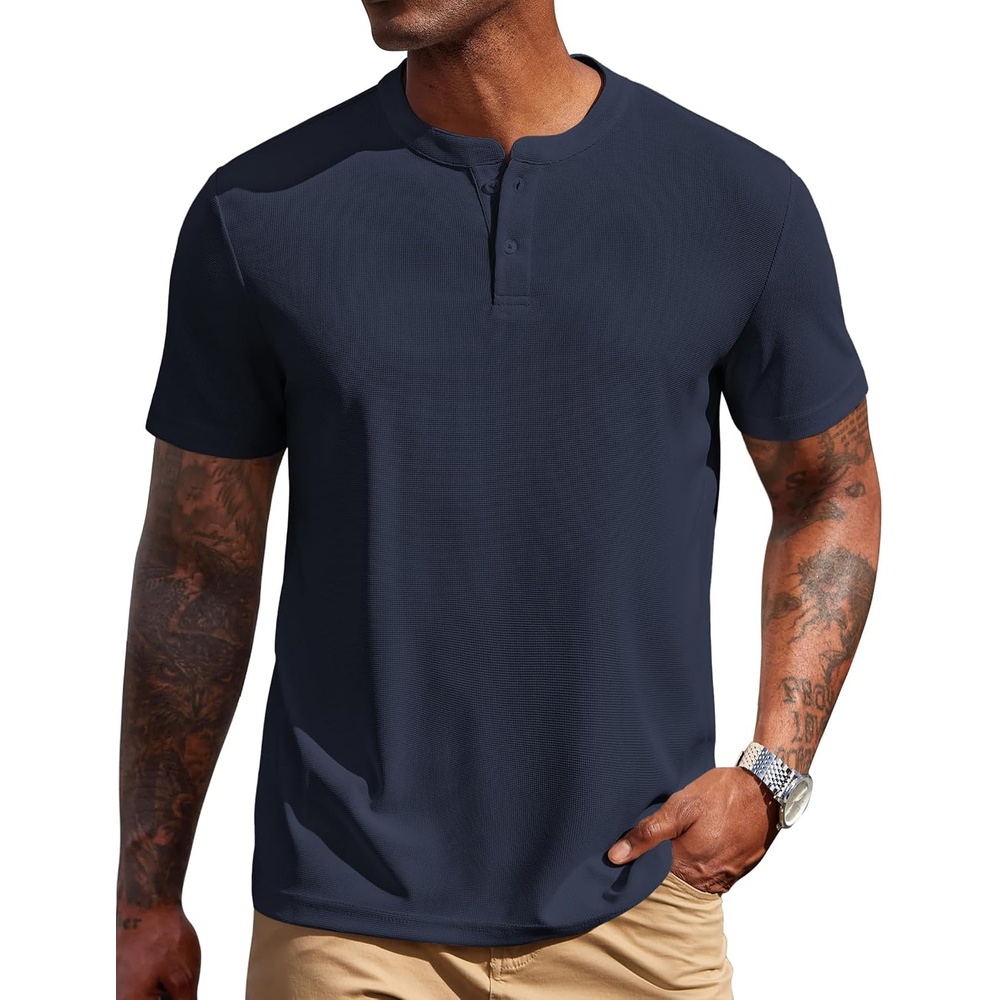 image:imageCOOFANDY Mens Henley Shirts Short Sleeve Texture Casual Button Henley Summer Classic Basic Tee ShirtsNavy Blue