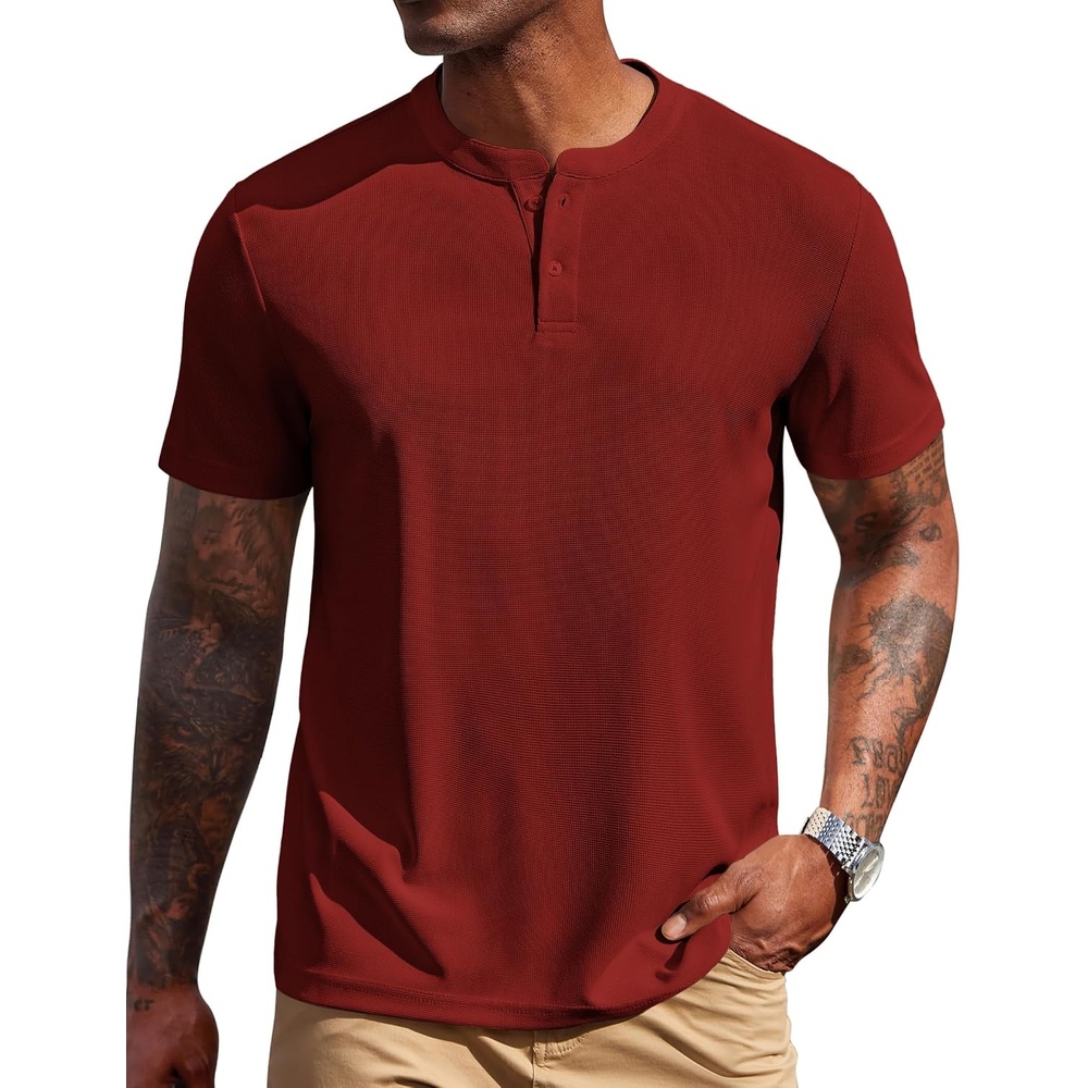 image:imageCOOFANDY Mens Henley Shirts Short Sleeve Texture Casual Button Henley Summer Classic Basic Tee ShirtsWine Red