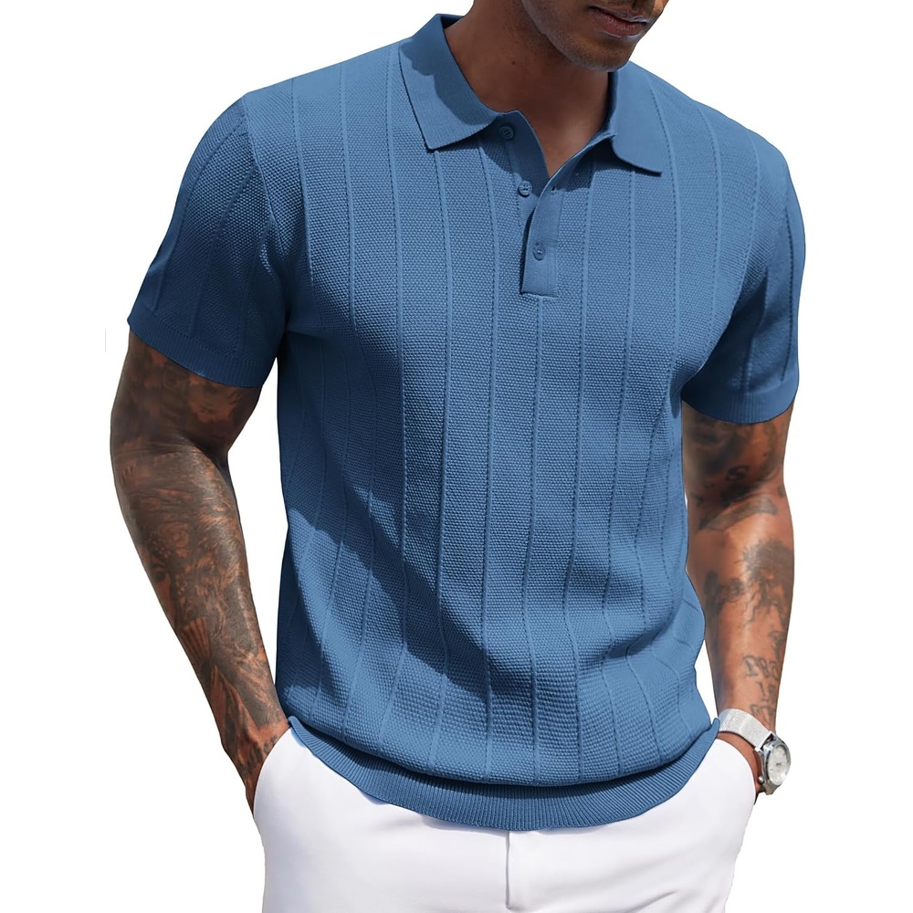 image:imageCOOFANDY Mens Knit Polo Shirts Short Sleeve Ribbed Textured Polo Shirt Lightweight Casual Golf Shirts Collared T ShirtDenim Blue