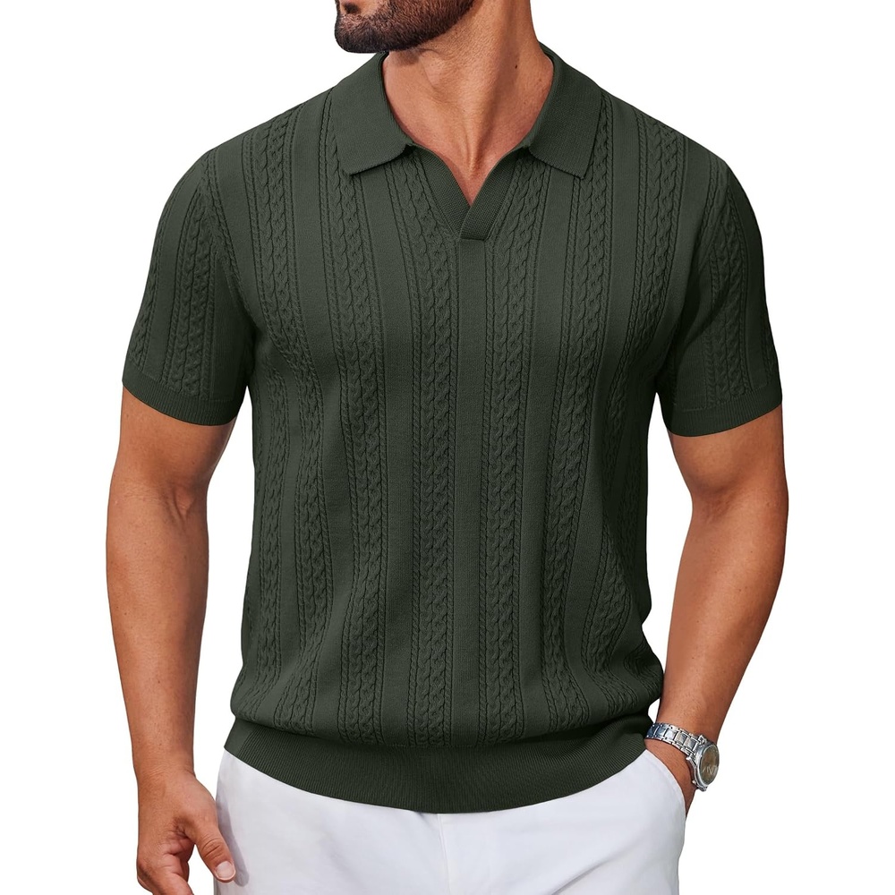 image:imageCOOFANDY Mens Knit Polo Shirts Short Sleeve Textured Polo Shirt VNeck Casual Stretch Summer Golf TopsDark Green