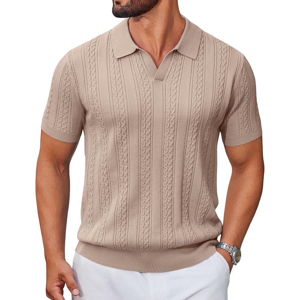 image:imageCOOFANDY Mens Knit Polo Shirts Short Sleeve Textured Polo Shirt VNeck Casual Stretch Summer Golf TopsKhaki