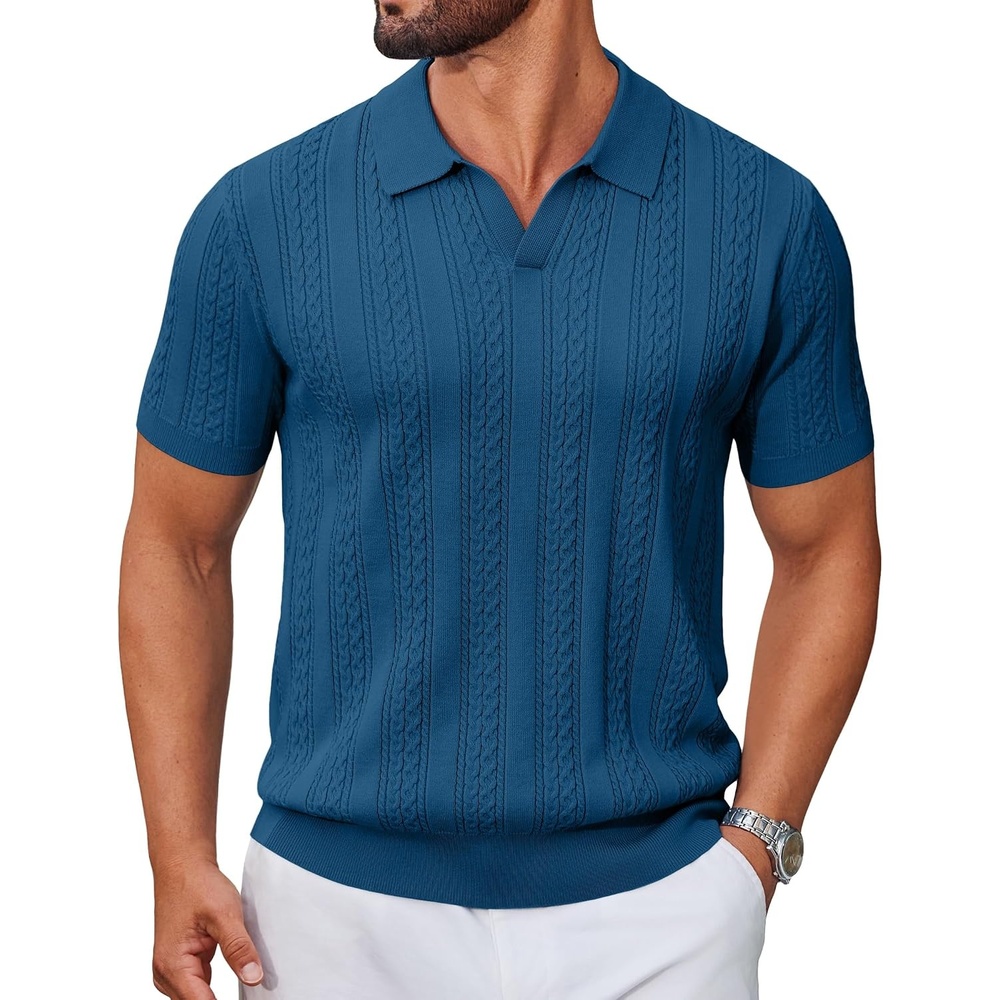 image:imageCOOFANDY Mens Knit Polo Shirts Short Sleeve Textured Polo Shirt VNeck Casual Stretch Summer Golf TopsLake Blue