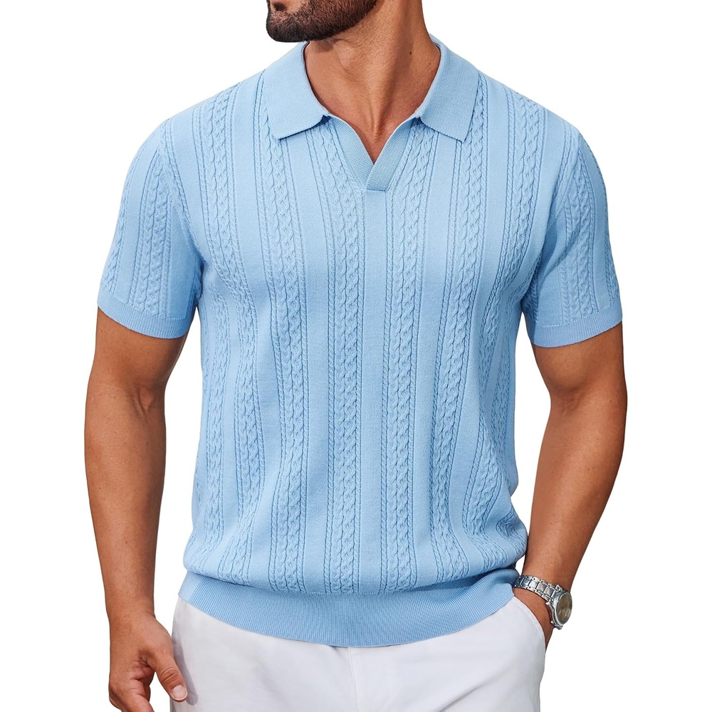 image:imageCOOFANDY Mens Knit Polo Shirts Short Sleeve Textured Polo Shirt VNeck Casual Stretch Summer Golf TopsLight Blue
