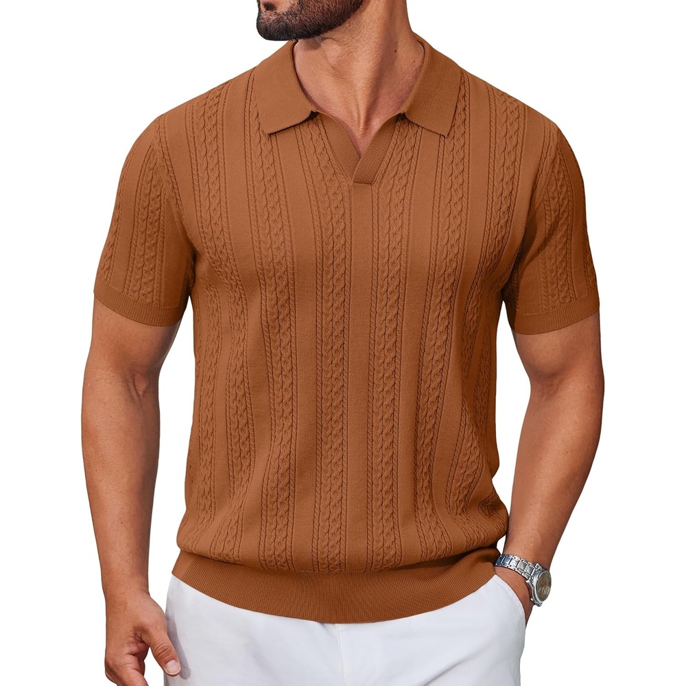 image:imageCOOFANDY Mens Knit Polo Shirts Short Sleeve Textured Polo Shirt VNeck Casual Stretch Summer Golf TopsLight Brown