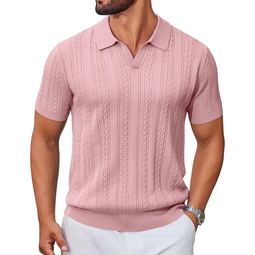 image:imageCOOFANDY Mens Knit Polo Shirts Short Sleeve Textured Polo Shirt VNeck Casual Stretch Summer Golf TopsLotus Pink