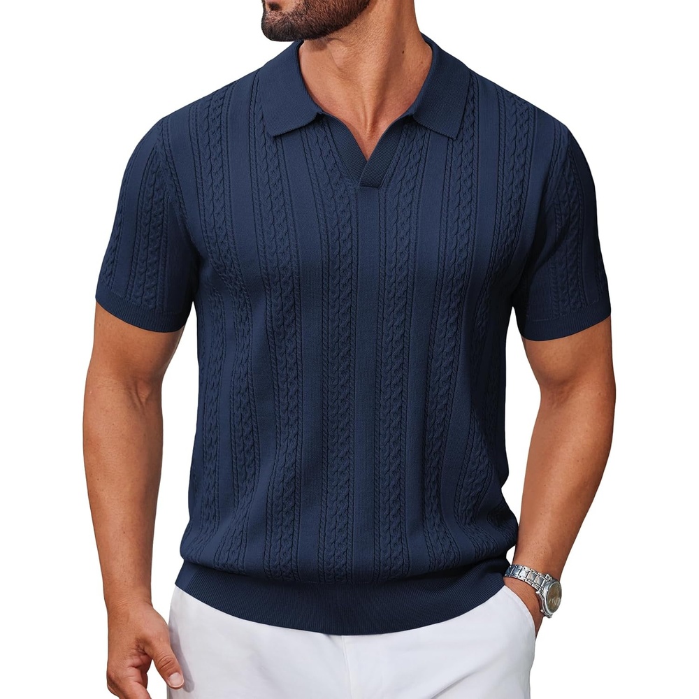 image:imageCOOFANDY Mens Knit Polo Shirts Short Sleeve Textured Polo Shirt VNeck Casual Stretch Summer Golf TopsNavy