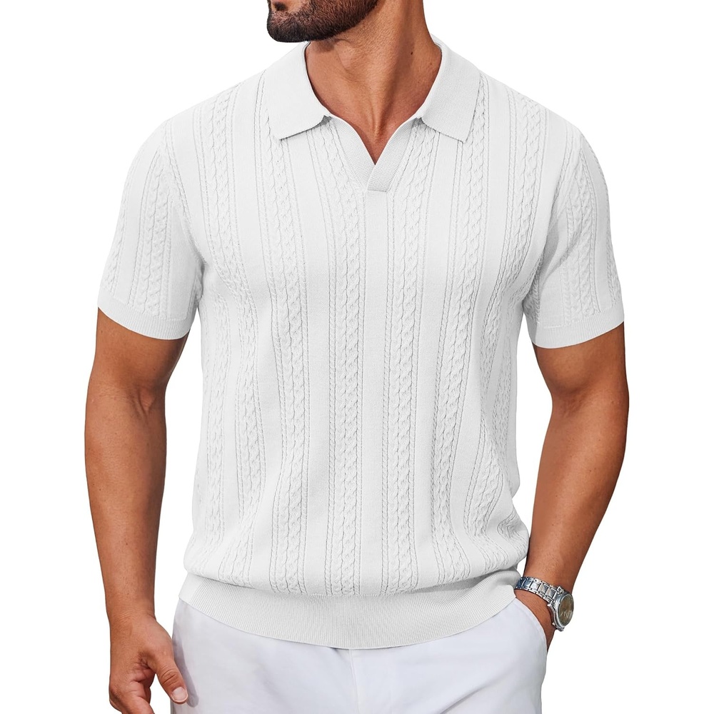image:imageCOOFANDY Mens Knit Polo Shirts Short Sleeve Textured Polo Shirt VNeck Casual Stretch Summer Golf TopsWhite