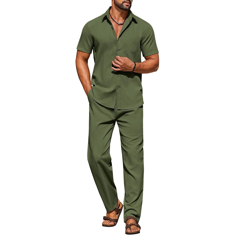 image:imageCOOFANDY Mens Linen Sets 2 Piece Beach Outfit Casual Short Sleeve Button Down Shirts Loose Pants Summer Vacation OutfitsArmy Green