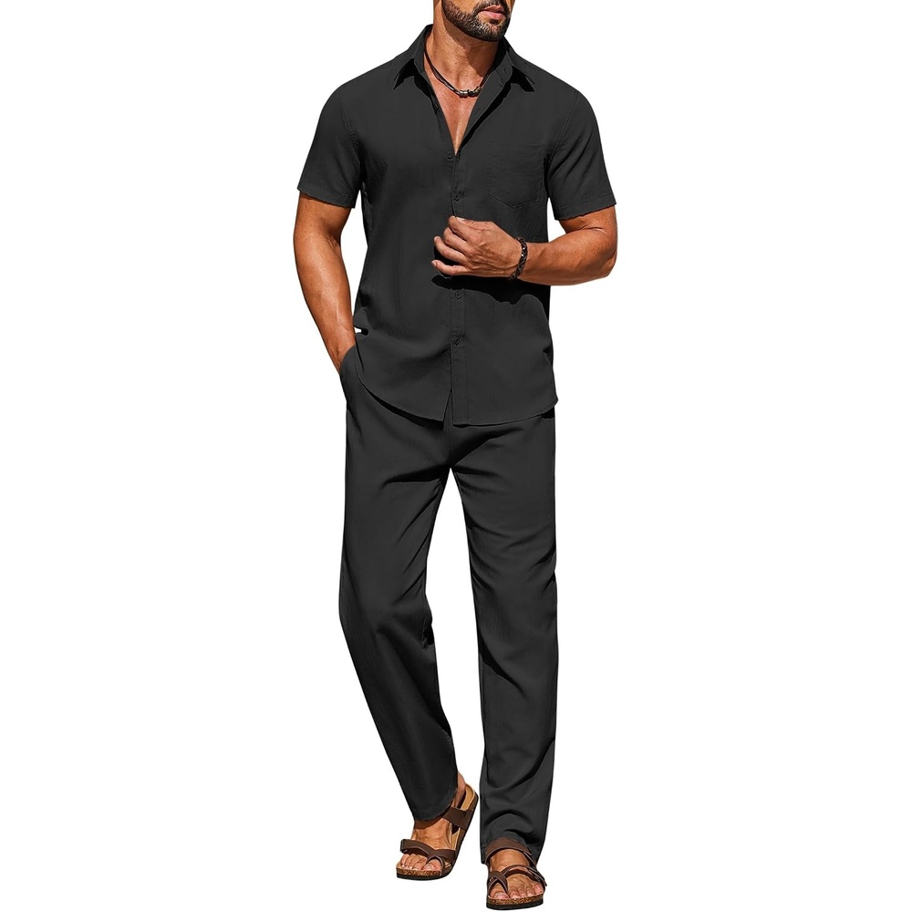 image:imageCOOFANDY Mens Linen Sets 2 Piece Beach Outfit Casual Short Sleeve Button Down Shirts Loose Pants Summer Vacation OutfitsBlack