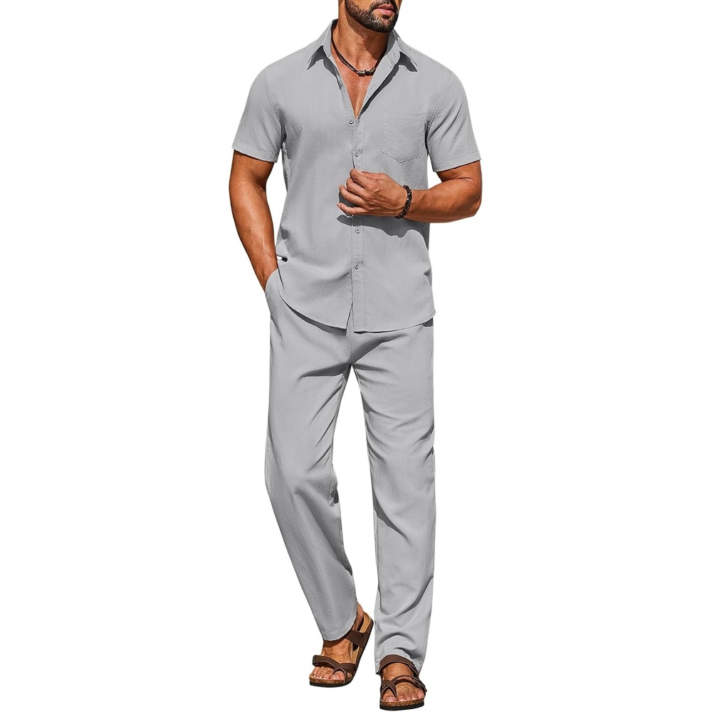 image:imageCOOFANDY Mens Linen Sets 2 Piece Beach Outfit Casual Short Sleeve Button Down Shirts Loose Pants Summer Vacation OutfitsLight Gray