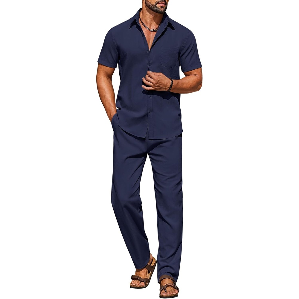 image:imageCOOFANDY Mens Linen Sets 2 Piece Beach Outfit Casual Short Sleeve Button Down Shirts Loose Pants Summer Vacation OutfitsNavy Blue