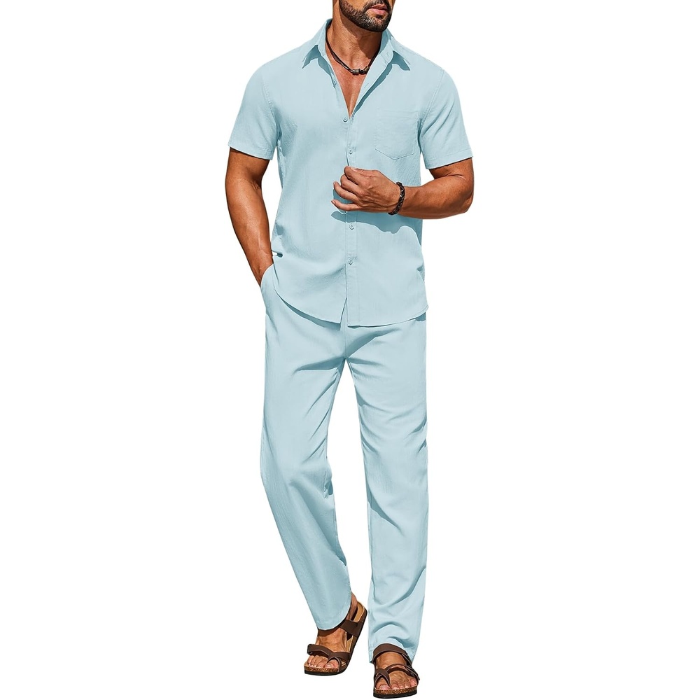 image:imageCOOFANDY Mens Linen Sets 2 Piece Beach Outfit Casual Short Sleeve Button Down Shirts Loose Pants Summer Vacation OutfitsSky Blue
