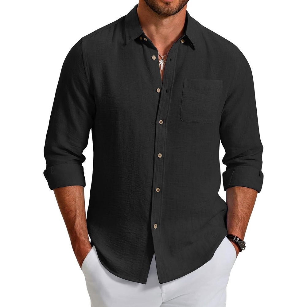 image:imageCOOFANDY Mens Long Sleeve Button Down Shirt Casual Untucked Shirts Summer Beach Wedding Linen Textured ShirtsBlack