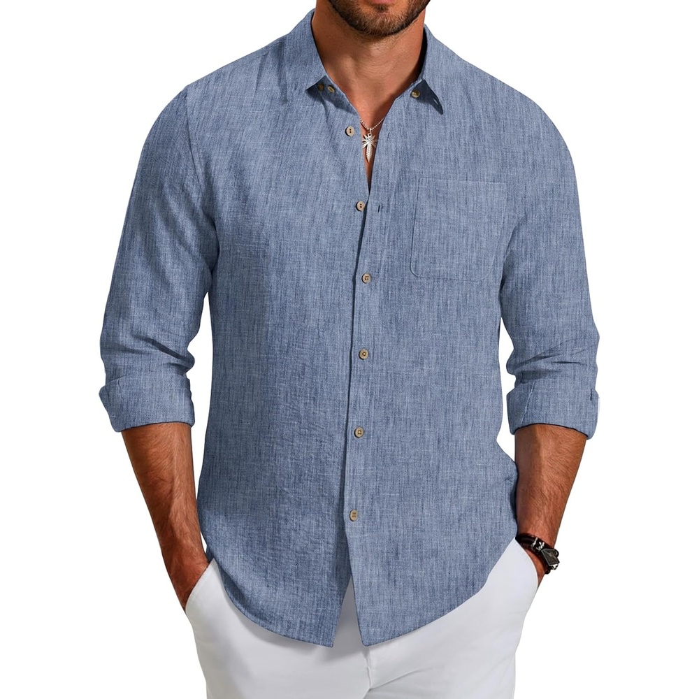 image:imageCOOFANDY Mens Long Sleeve Button Down Shirt Casual Untucked Shirts Summer Beach Wedding Linen Textured ShirtsBlue