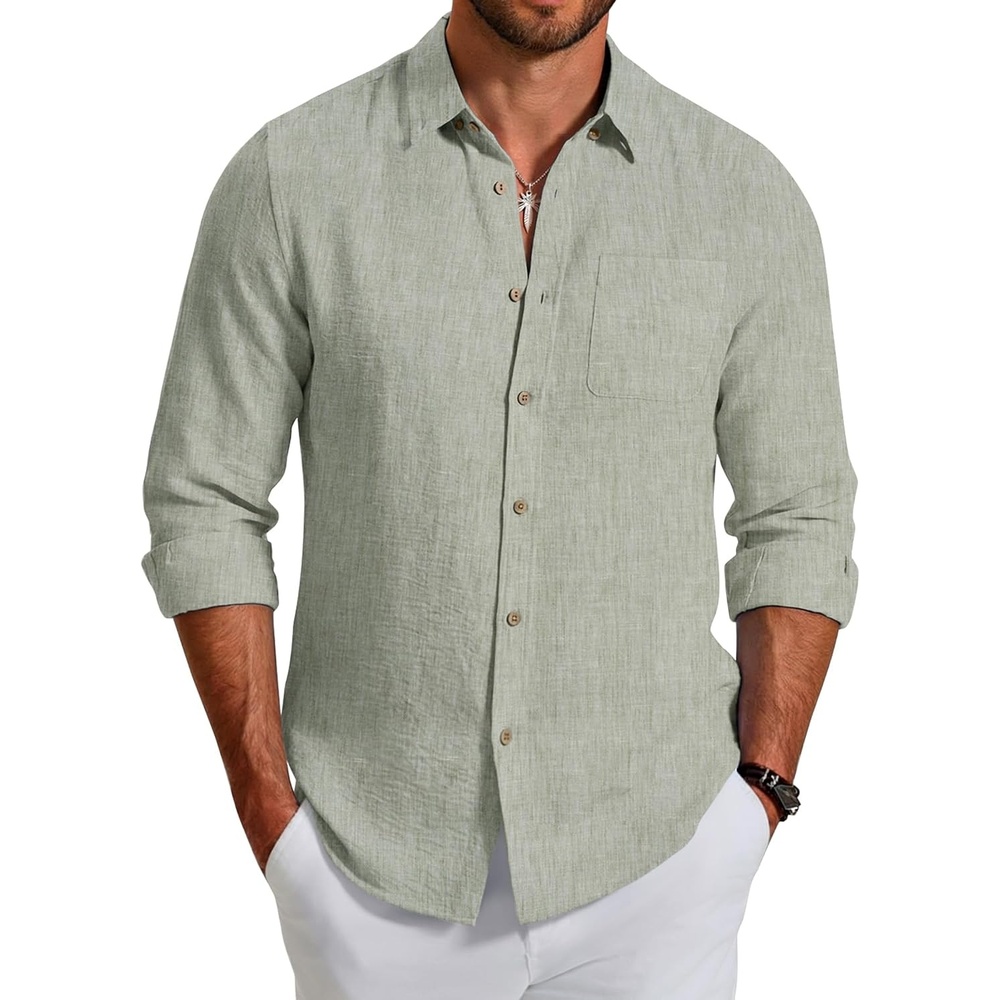 image:imageCOOFANDY Mens Long Sleeve Button Down Shirt Casual Untucked Shirts Summer Beach Wedding Linen Textured ShirtsLight Green