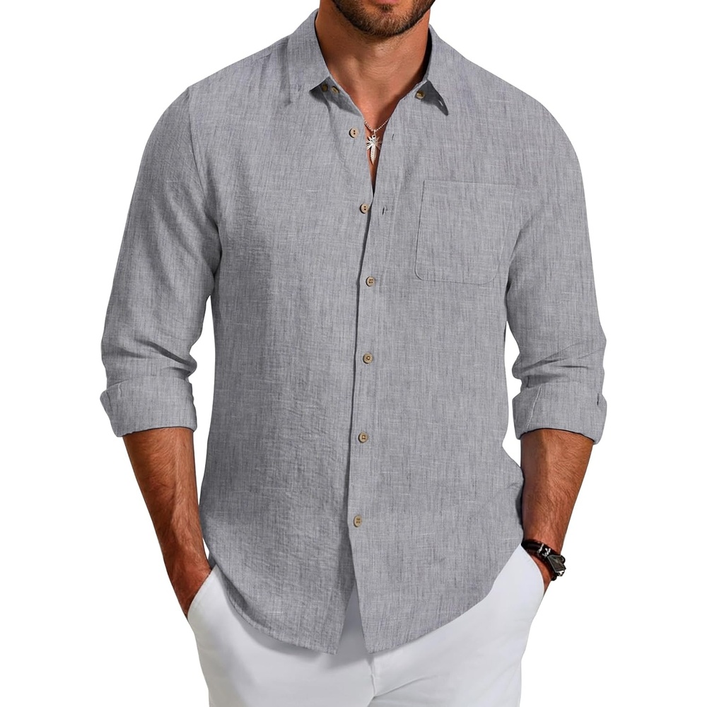 image:imageCOOFANDY Mens Long Sleeve Button Down Shirt Casual Untucked Shirts Summer Beach Wedding Linen Textured ShirtsLight Grey