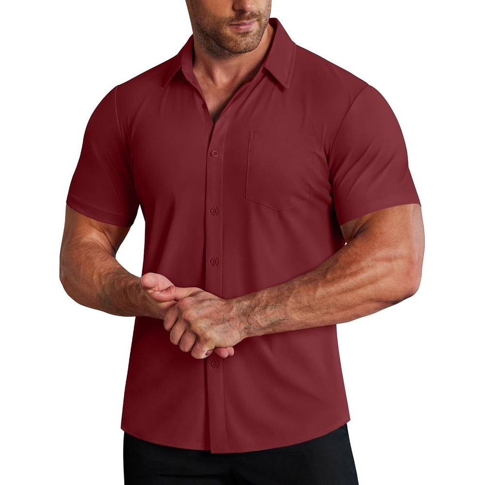 image:imageCOOFANDY Mens Muscle Fit Dress Shirts Stretch WrinkleFree Short Sleeve Casual Button Down ShirtsWine Red
