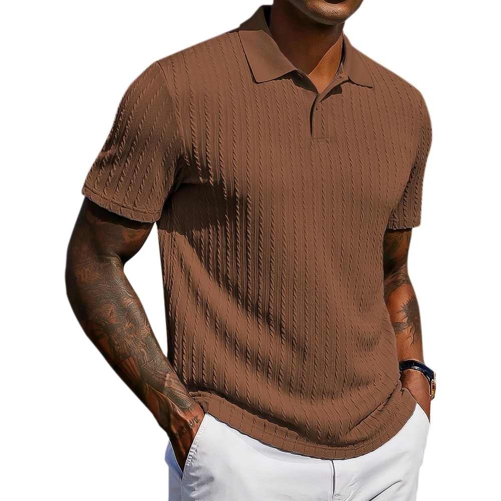 image:imageCOOFANDY Mens Polo Shirt Casual Short Sleeve Textured Knit Button Polo TShirts Summer Vacation Stretchy Golf ShirtsBrown