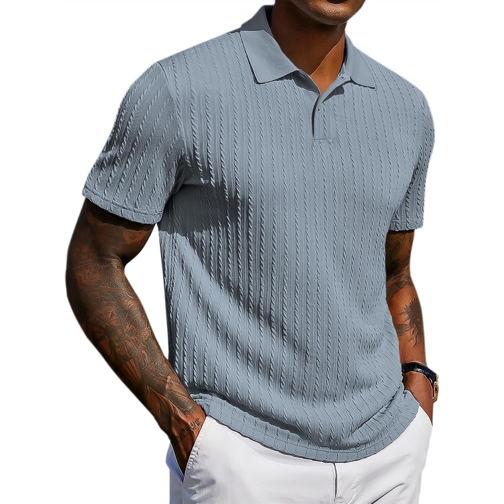image:imageCOOFANDY Mens Polo Shirt Casual Short Sleeve Textured Knit Button Polo TShirts Summer Vacation Stretchy Golf ShirtsGray Blue