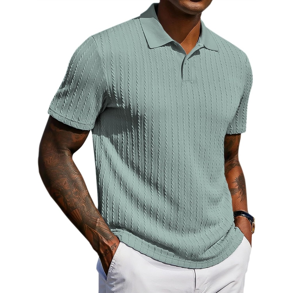 image:imageCOOFANDY Mens Polo Shirt Casual Short Sleeve Textured Knit Button Polo TShirts Summer Vacation Stretchy Golf ShirtsGray Green