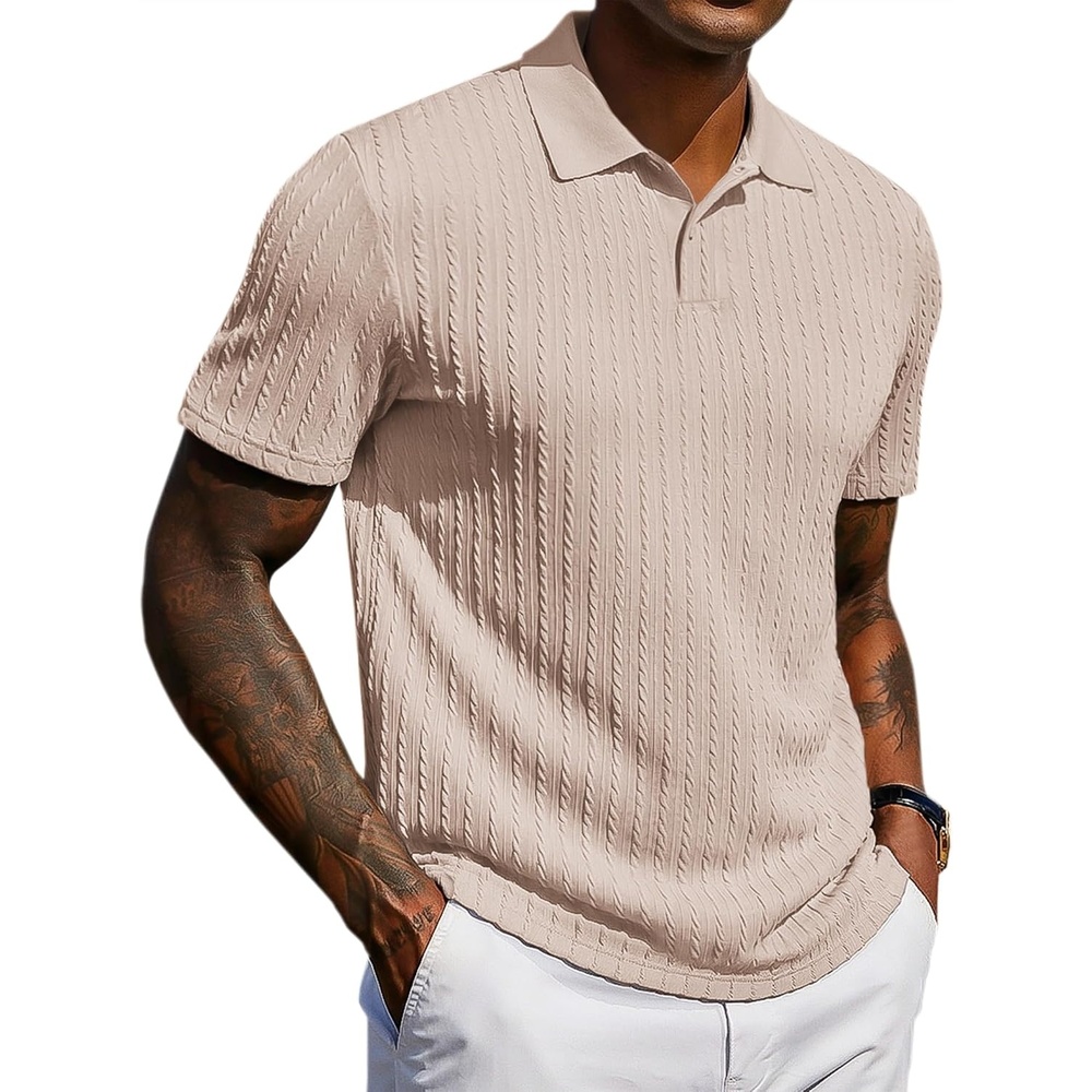image:imageCOOFANDY Mens Polo Shirt Casual Short Sleeve Textured Knit Button Polo TShirts Summer Vacation Stretchy Golf ShirtsKhaki