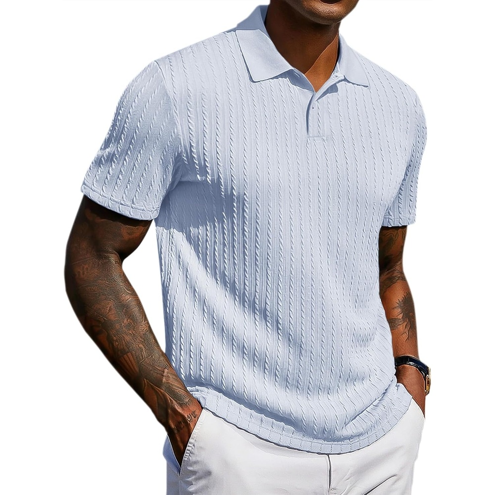 image:imageCOOFANDY Mens Polo Shirt Casual Short Sleeve Textured Knit Button Polo TShirts Summer Vacation Stretchy Golf ShirtsLight Blue