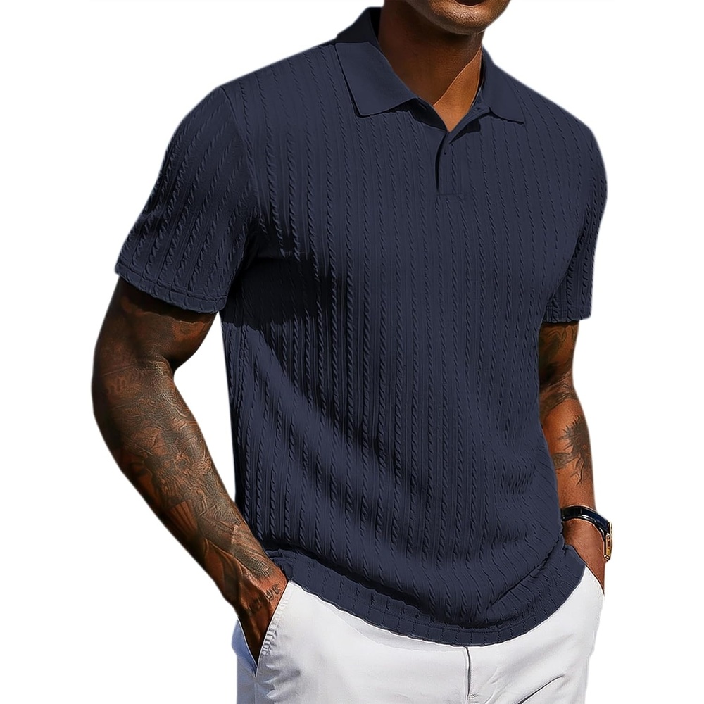image:imageCOOFANDY Mens Polo Shirt Casual Short Sleeve Textured Knit Button Polo TShirts Summer Vacation Stretchy Golf ShirtsNavy Blue