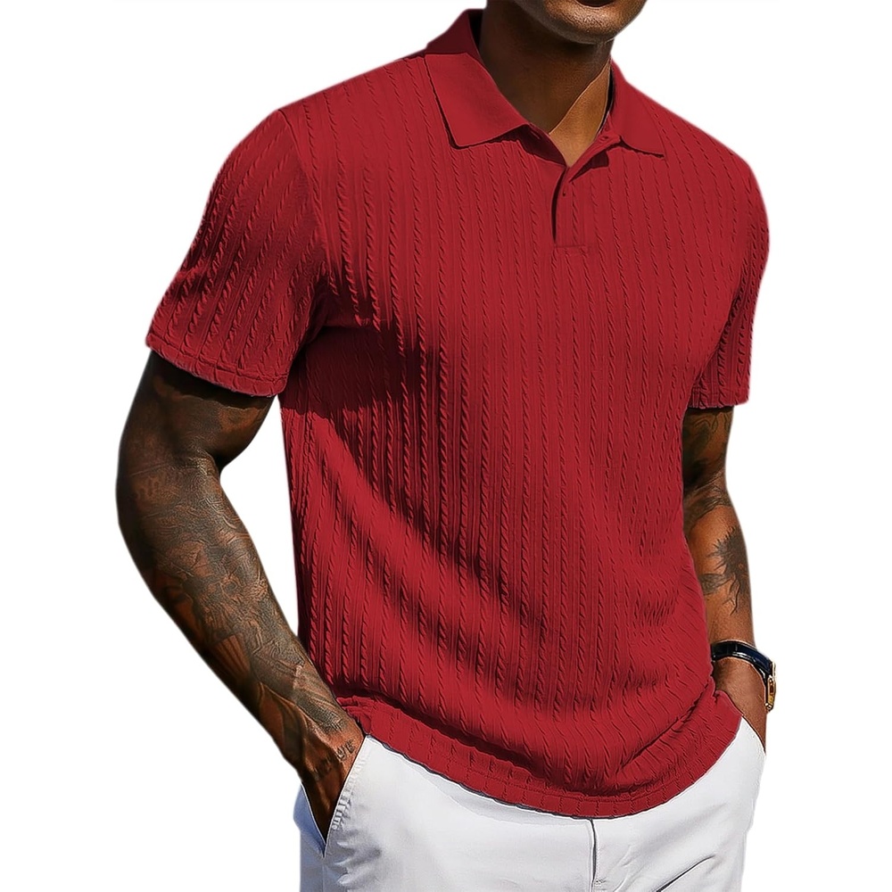 image:imageCOOFANDY Mens Polo Shirt Casual Short Sleeve Textured Knit Button Polo TShirts Summer Vacation Stretchy Golf ShirtsRed