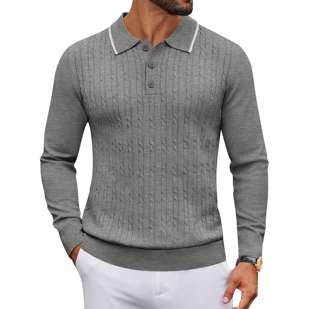 image:imageCOOFANDY Mens Polo Sweater Casual Long Sleeve Knit Polos Button Down Collared Golf Pullover SweatersDark Grey
