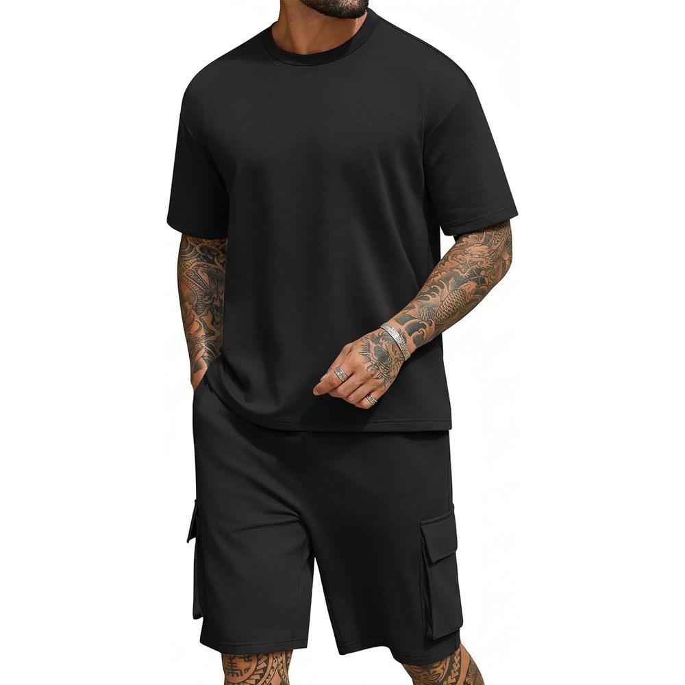 image:imageCOOFANDY Mens Shirt and Shorts Set 2 Piece Fashion Summer Tracksuits Cotton Oversized TShirts Cargo Shorts OutfitsAll Black